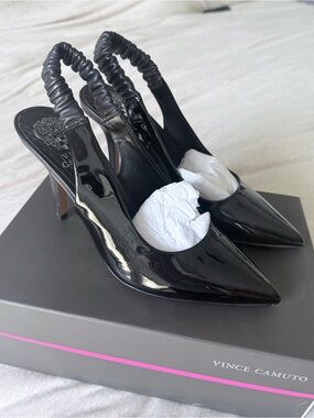 Vince Camuto Black Patent Slingback Pointed Pumps with Ruched Strap